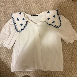 Zara Embroidered White Blouse with Blue Accents